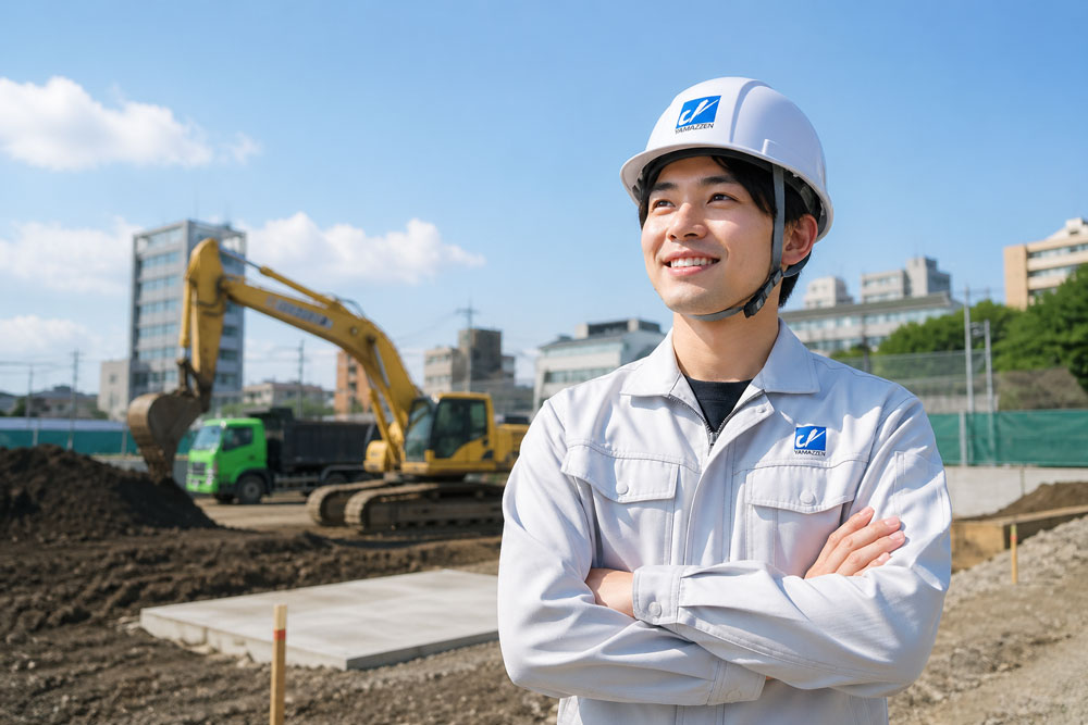 希望に満ちた表情で作業着で腕を組む男性