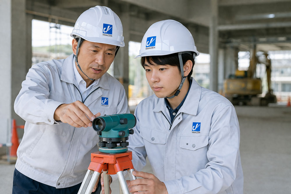 先輩社員に測量の指導を受ける男性社員