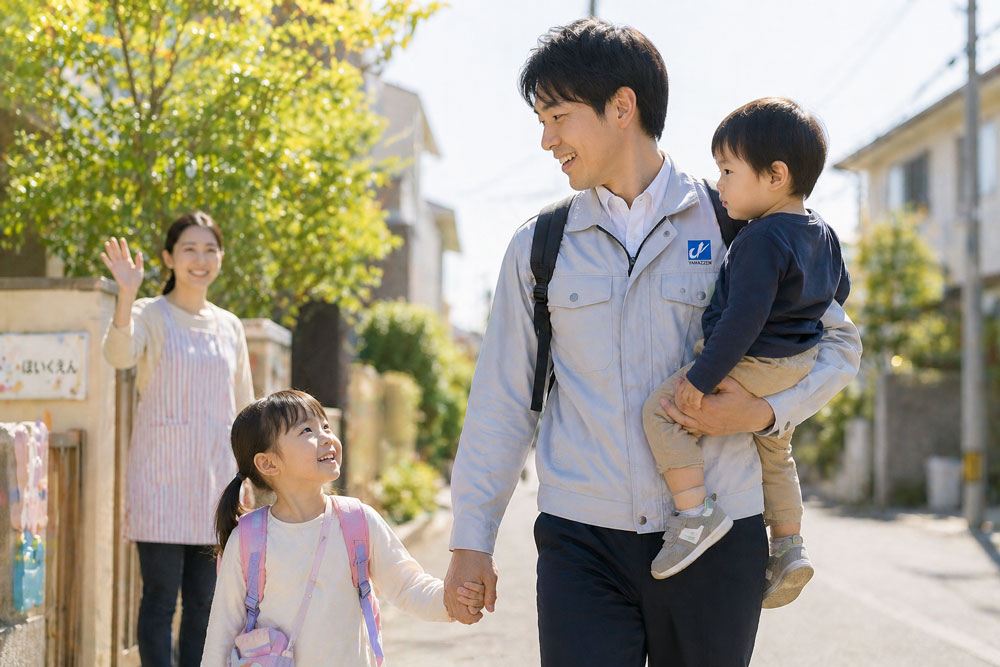 昼下がりに保育園のお迎えに行き、子どもの手をひく男性社員